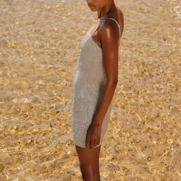 ZARA Gray Silver Beaded Spaghetti Strap Mini Dress S NWT - Picture 8 of 13